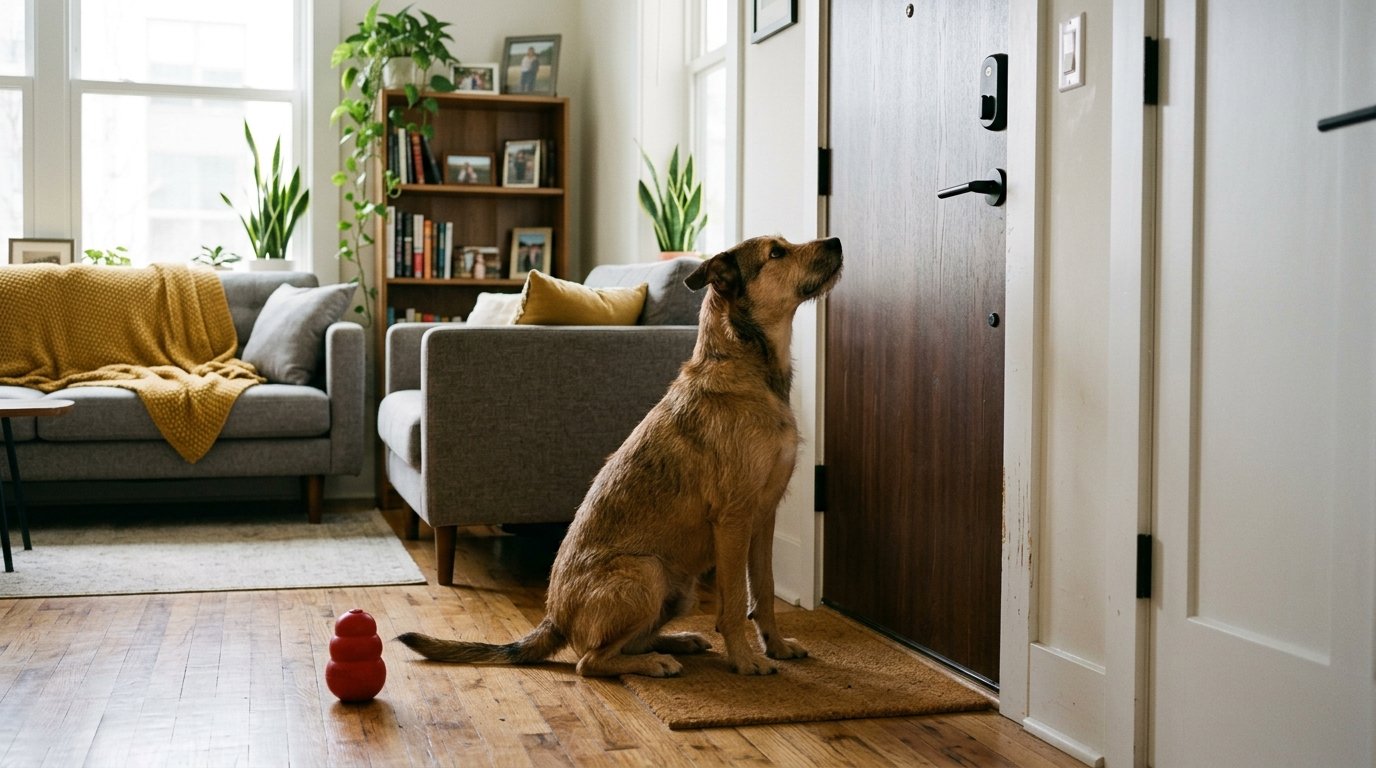 Dog sitting at apartment door waiting for owner